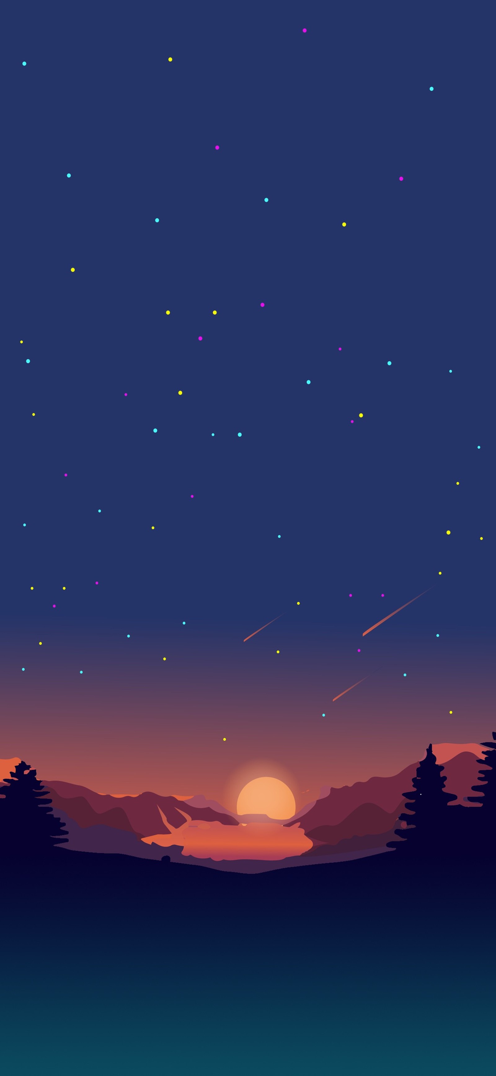 Un coucher de soleil avec quelques étoiles dans le ciel (montagnes, coucher de soleil, cartoon, nature, beau)