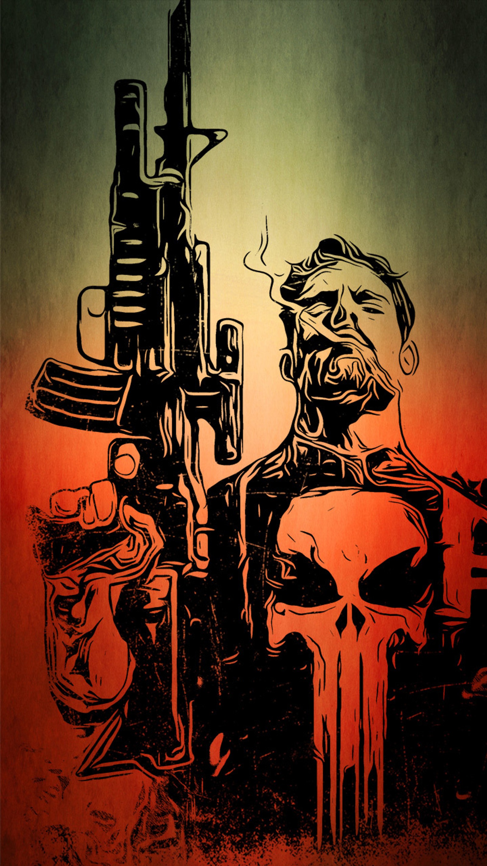 There is a drawing of a man with a gun and a skull (comic, marvel, draw)