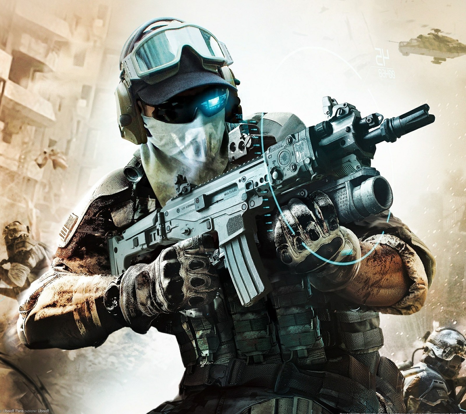 Gros plan d'un soldat avec une arme dans une ville (soldat futur, ghost recon)