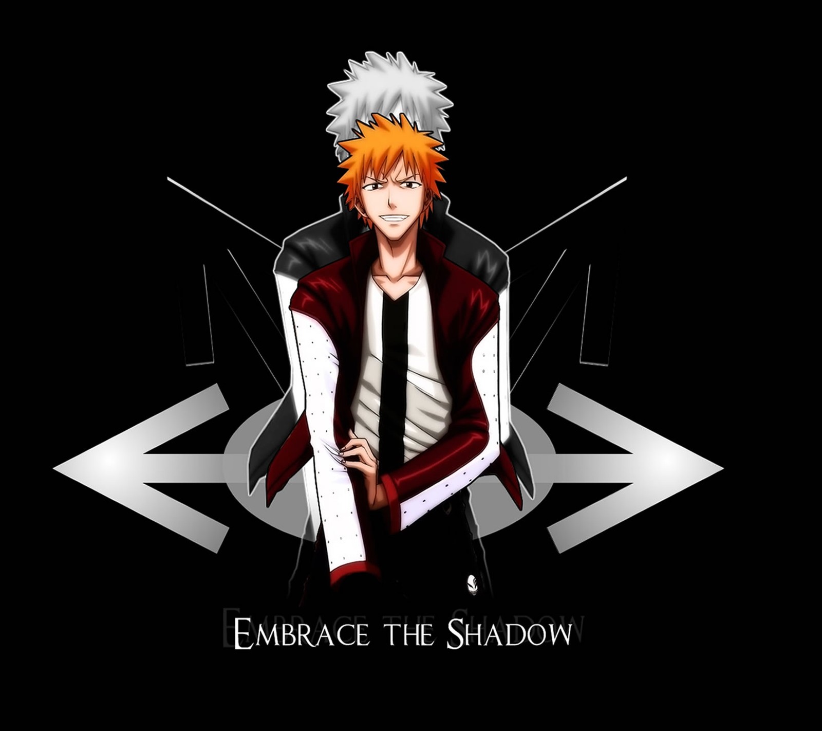 Un gros plan d'une personne avec une veste rouge et un t-shirt noir (bleach, ichigo, ombre)