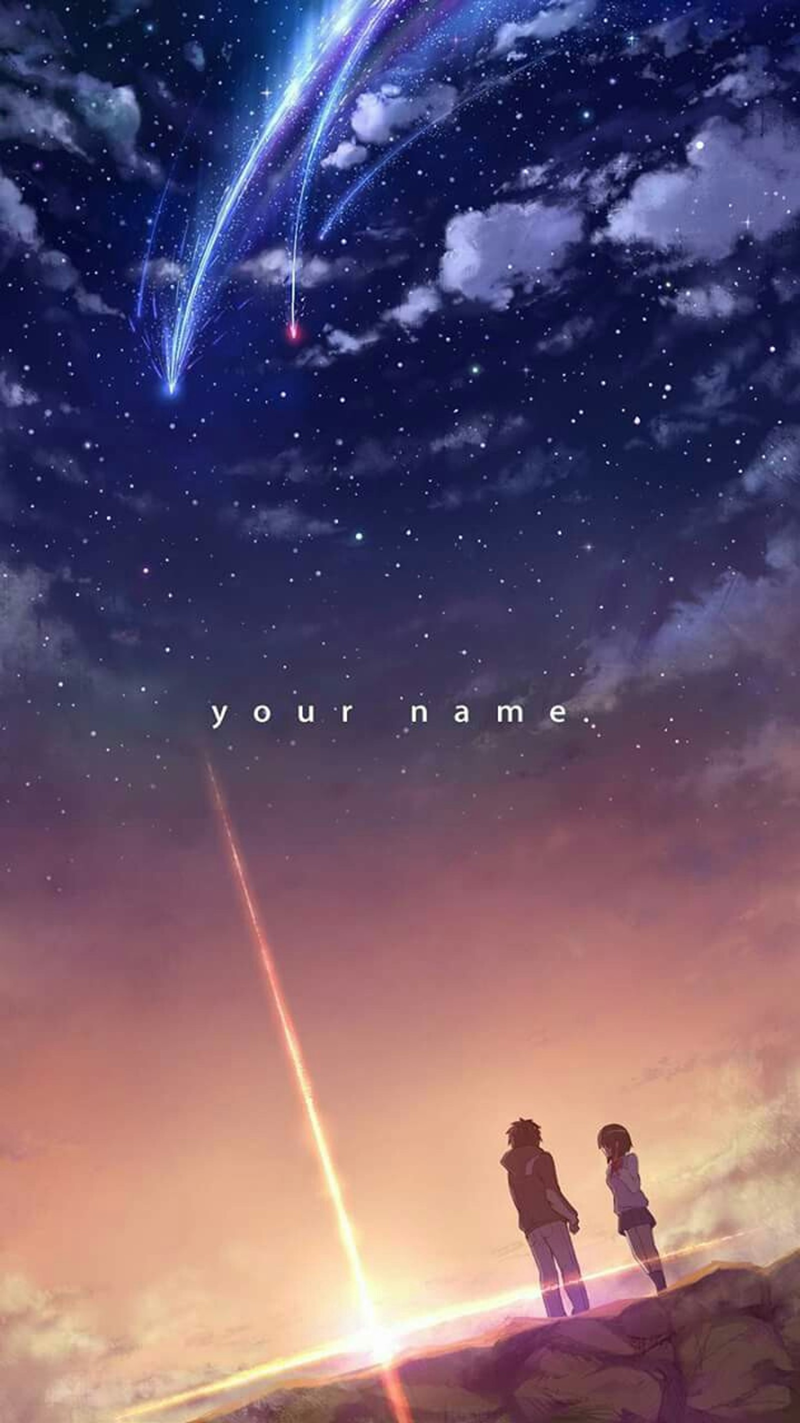 Um pôster de duas pessoas em pé em uma colina olhando para um cometa em queda (anime, cometa, galáxia, ki mi no, kimi no na wa)