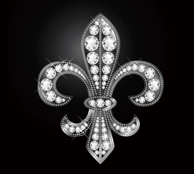 Élégante fleur-de-lis en argent ornée de pierres précieuses scintillantes sur un fond sombre.