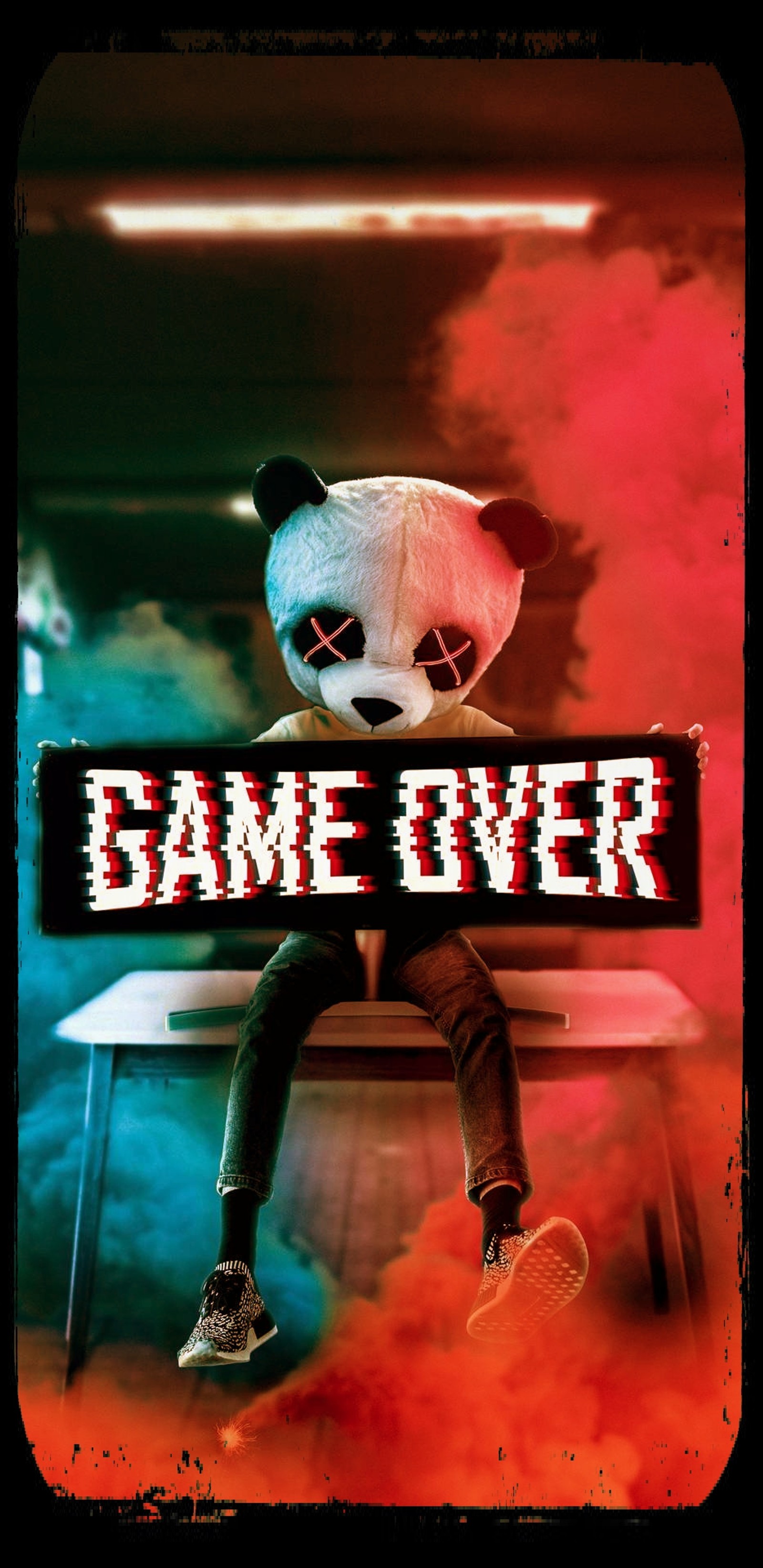 Um panda sentado em um banco com um sinal de 'game over' (artístico, colorido, jogo, sobre, panda)