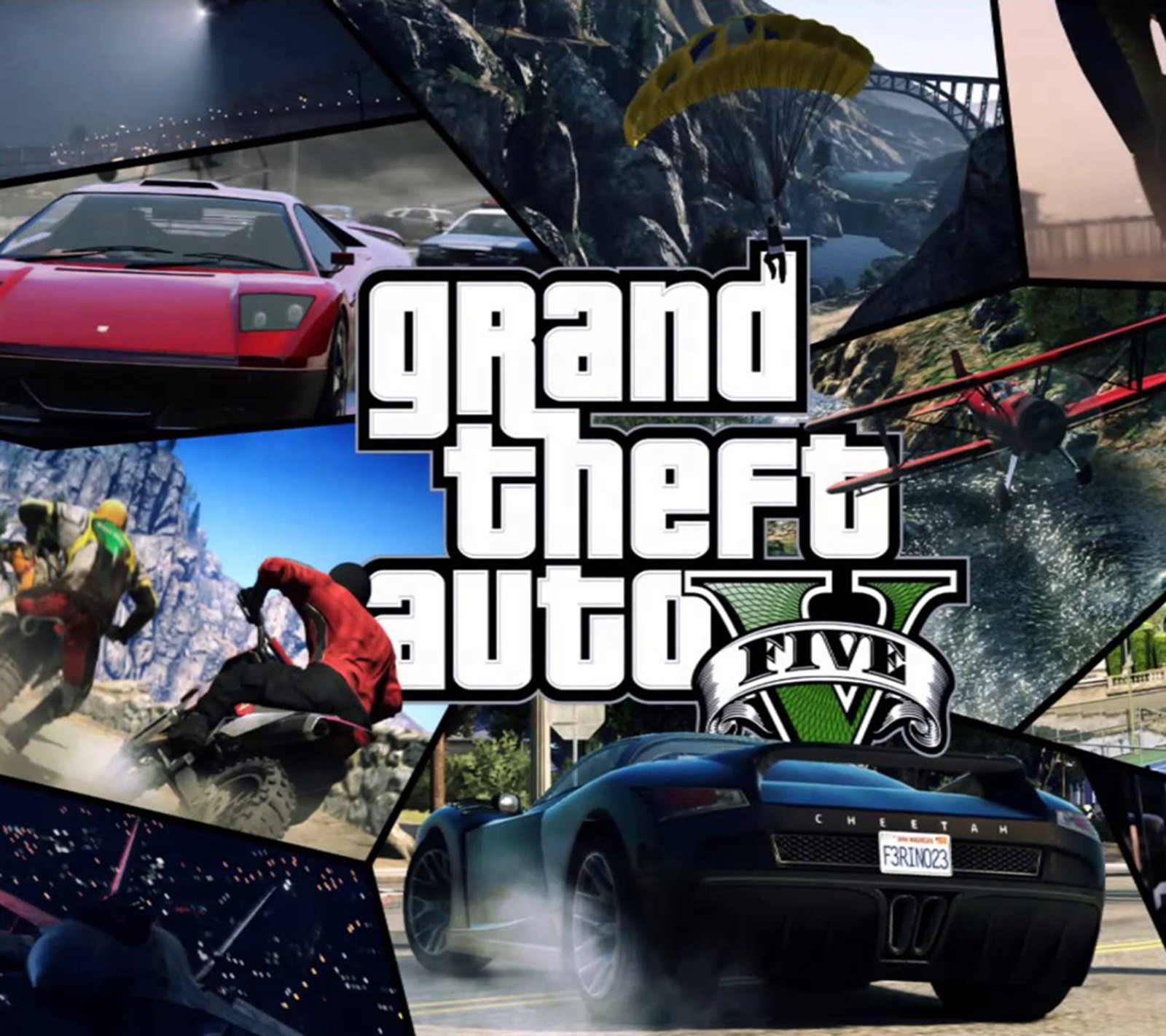 A collage of gtp images with a car and a person on a motorcycle (cool, entertainment, game, grand theft auto 5, gta)