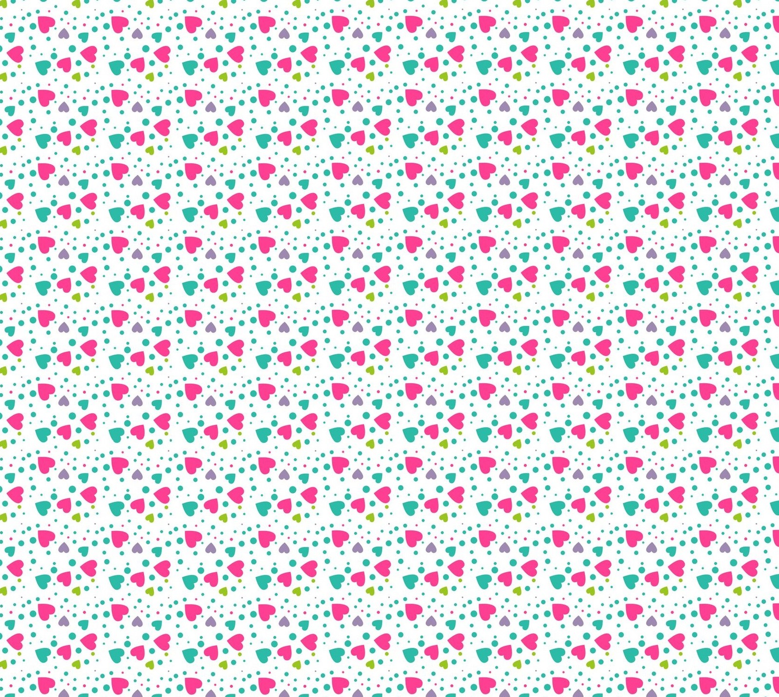 A white background with pink, green and blue hearts (heart, love, pattern)