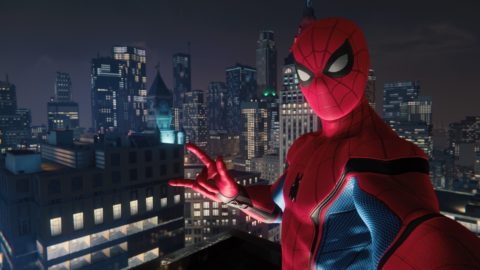 Spider-man debout sur un rebord devant une ville la nuit (avengers, spiderman, spider man ps4, spidermanps4)