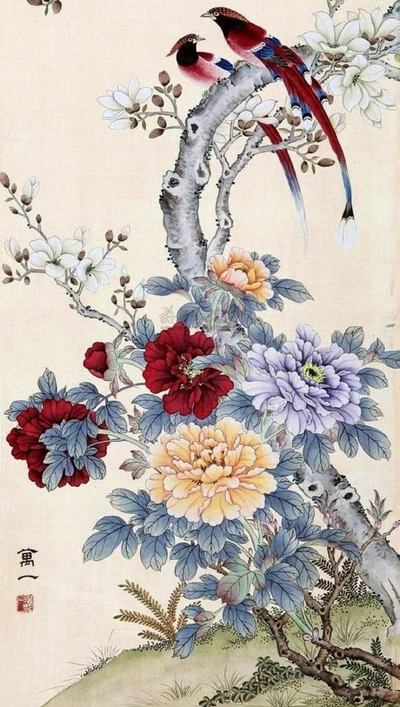 Vibrant Flowering Tree with Birds: A Colorful Oriental Painting