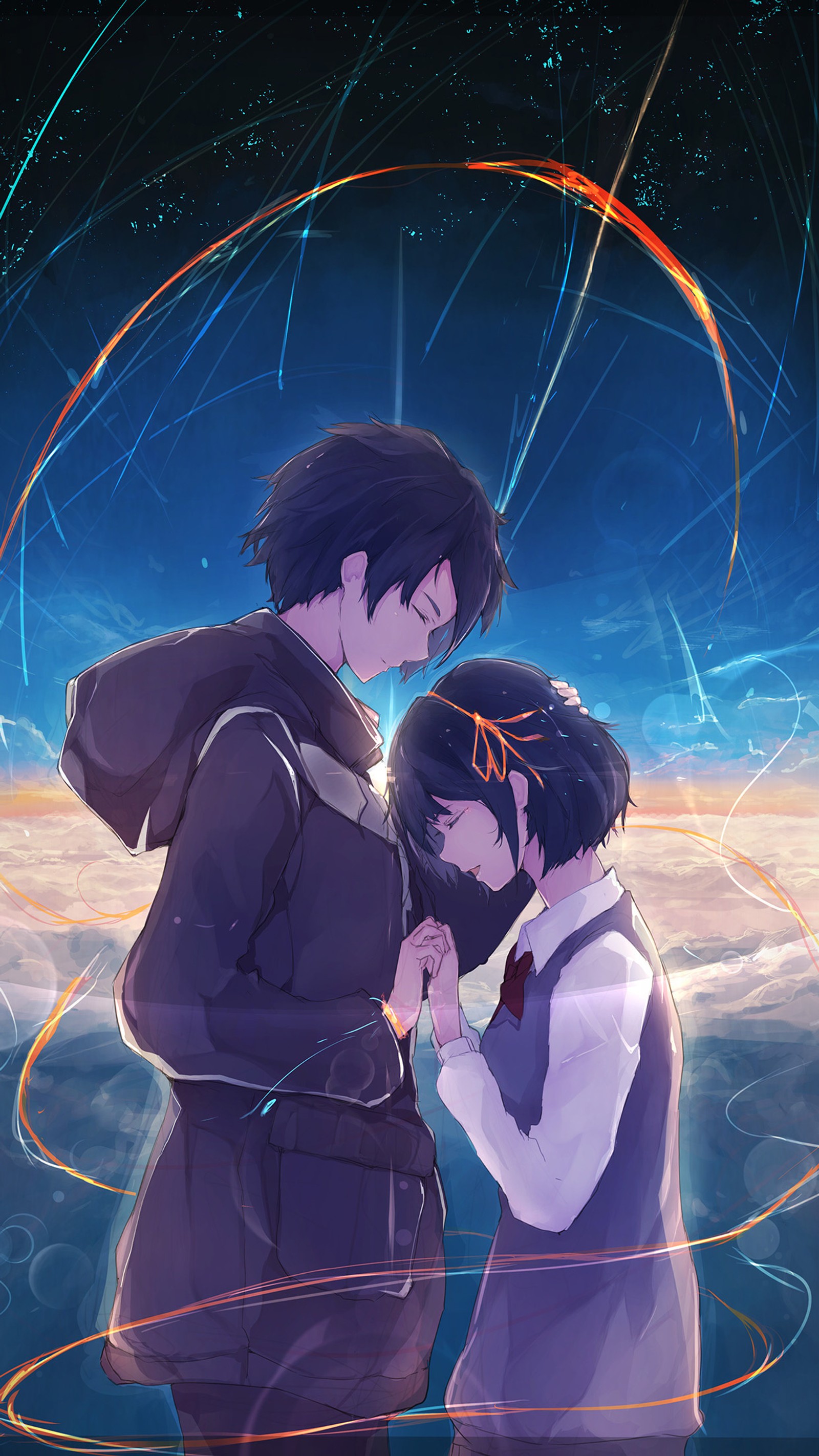 Pareja de anime en el cielo con una estela de estrellas de fondo (tu nombre, anime)