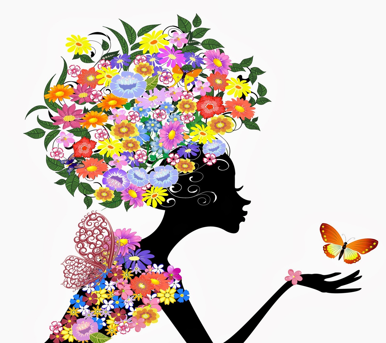 A woman with a butterfly in her hand and a bouquet of flowers in her hair (flower, girl)