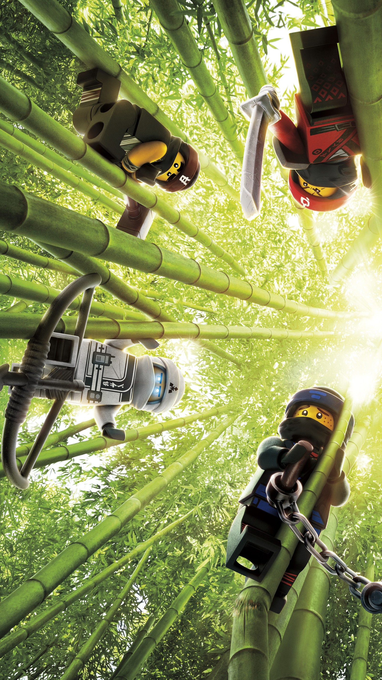 Lego ninjas are standing in a bamboo forest with chains (animation, bamboo, character, entertainment, green)