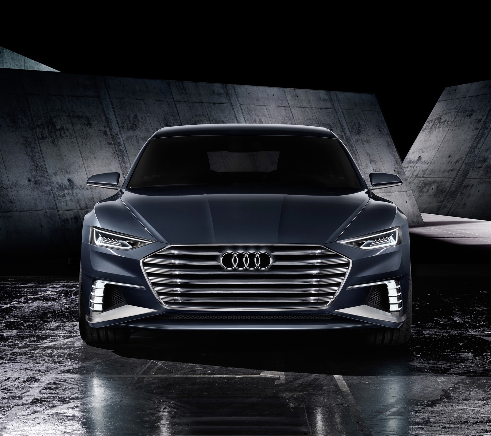 La voiture concept audi est montrée dans une pièce sombre (audi, avant, concept, vue de face, hd)