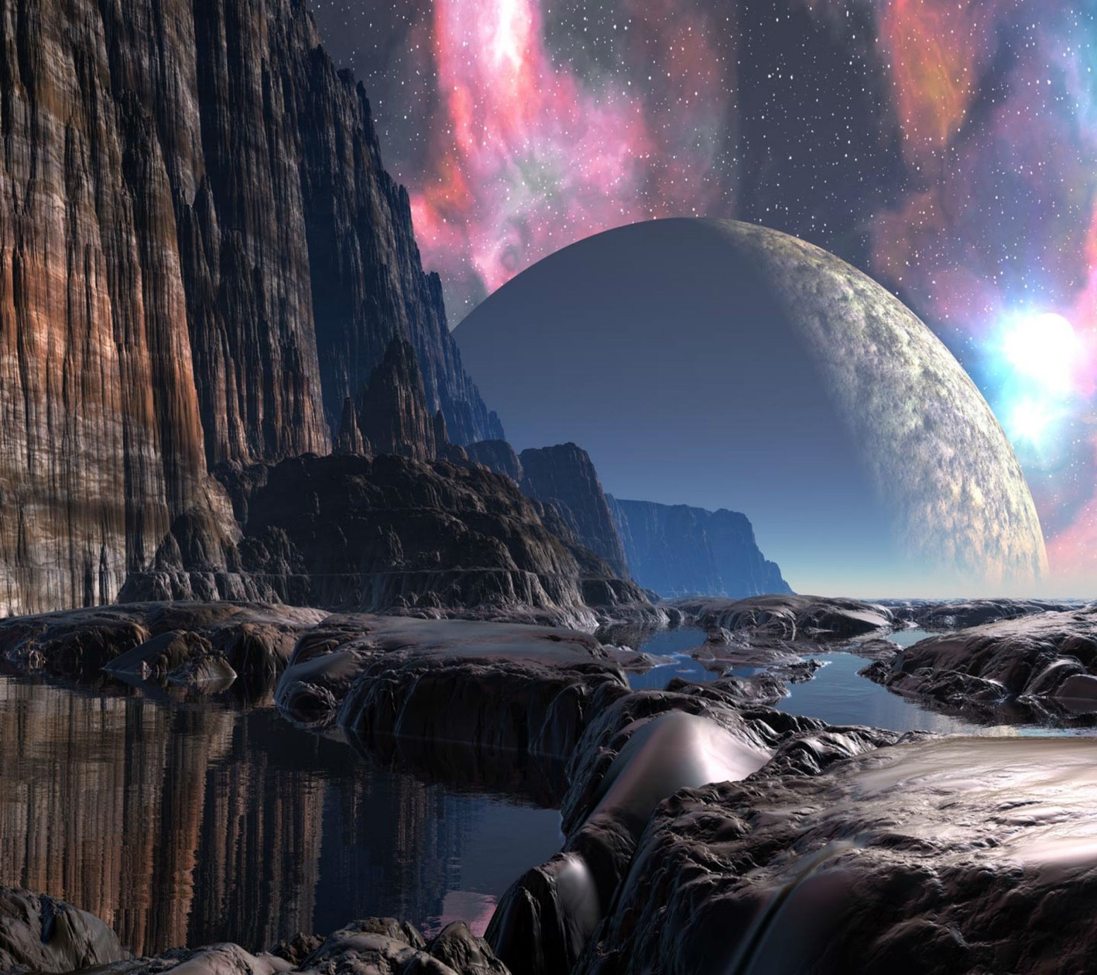 A view of a rocky landscape with a river and a planet in the distance (2013, 3d, cliff, galaxy, moon)