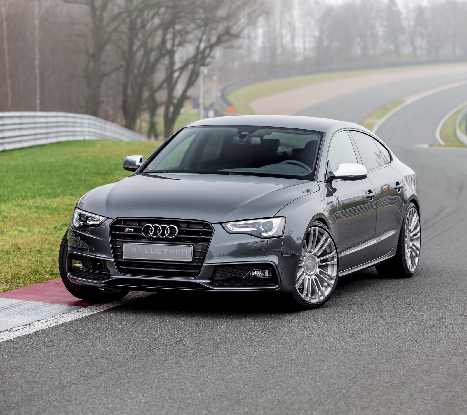 Arafed audi s5 coupe on a track with a green grass field in the background (audi, germany, grey, tuned)