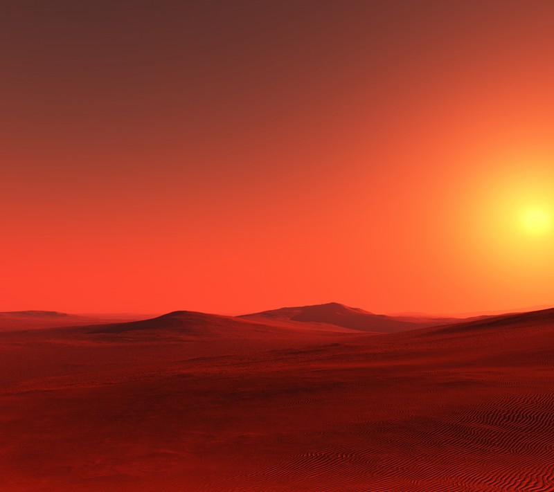 Arafed view of a desert with a lone plane flying in the distance (red, sunset)