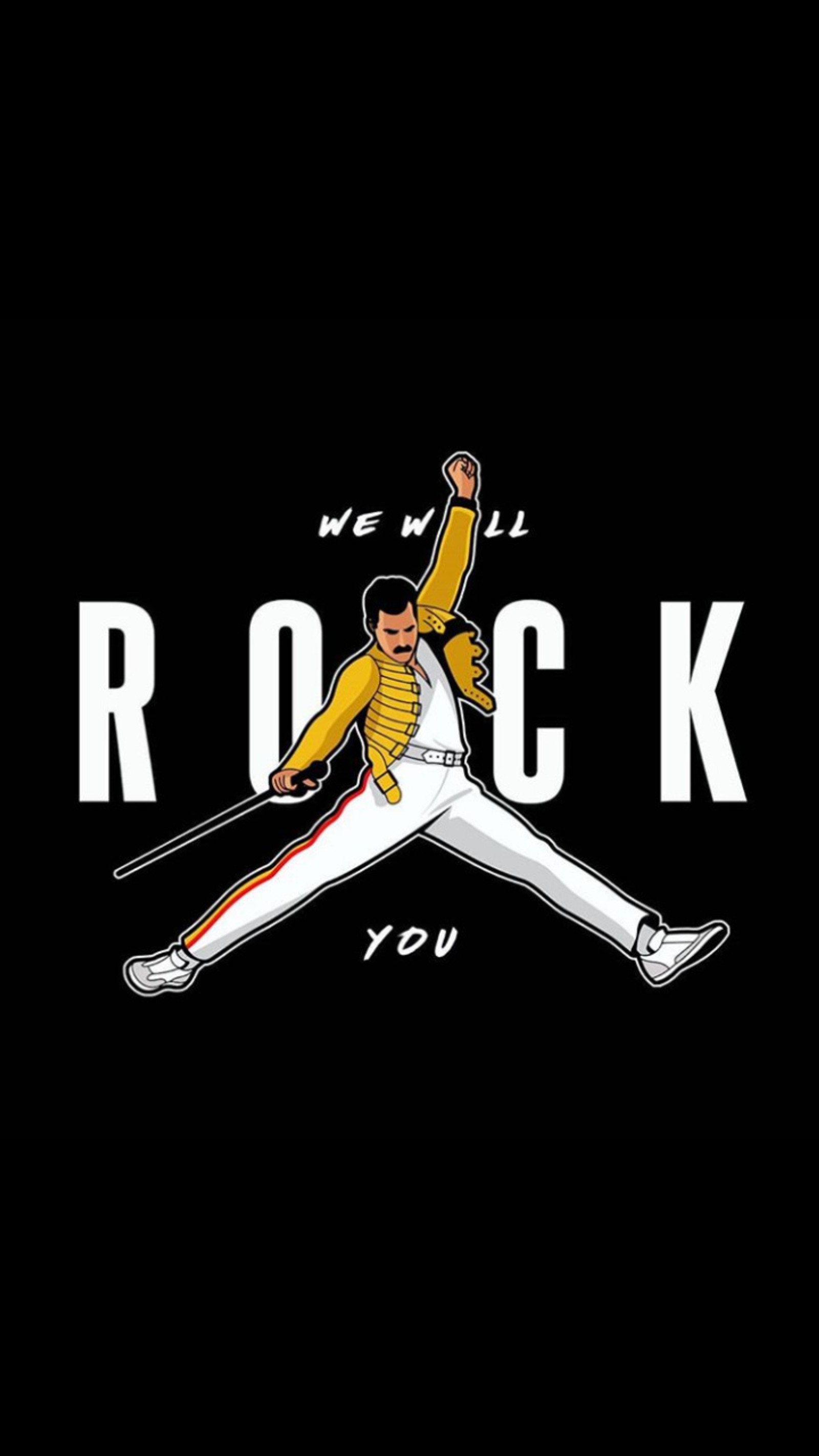 A black background with a man in a yellow jacket and white pants holding a baseball bat (freddy, mercury, music, rnr, rock)