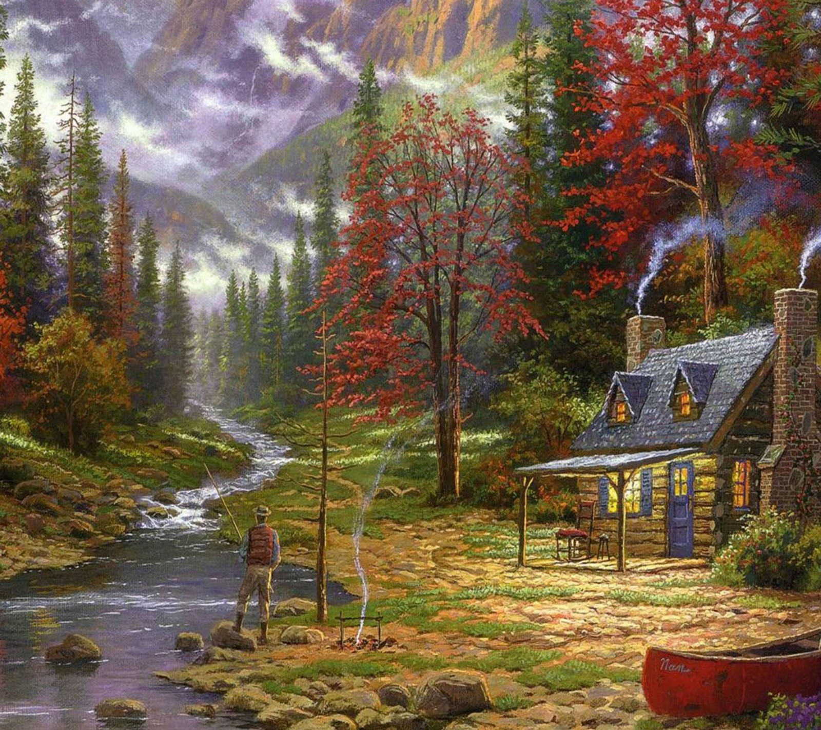 Painting of a cabin in the woods with a canoe and a canoe (fish, ing)