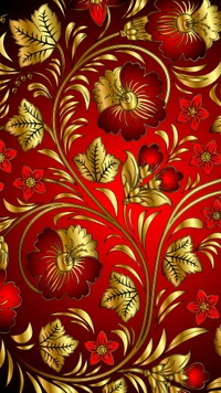 Brilliant Floral Patterns in Gold on Red Background