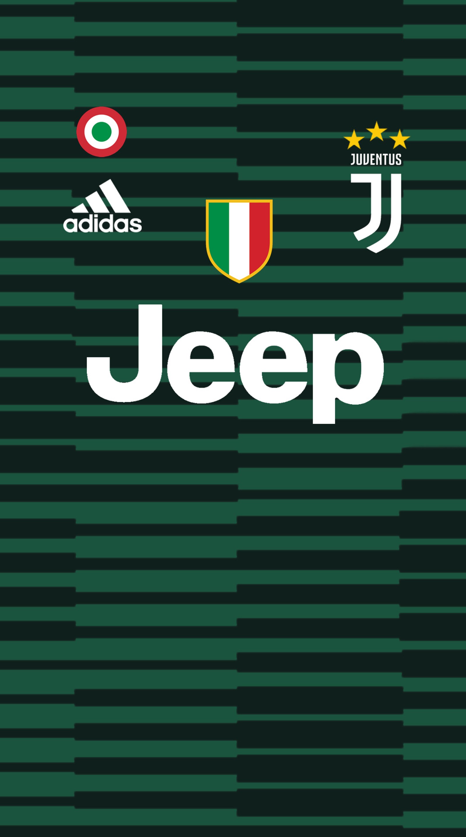 Un fondo verde con un logo blanco y rojo y un jeep verde y blanco (buffon, copa italia, italia, juventus, última camiseta)