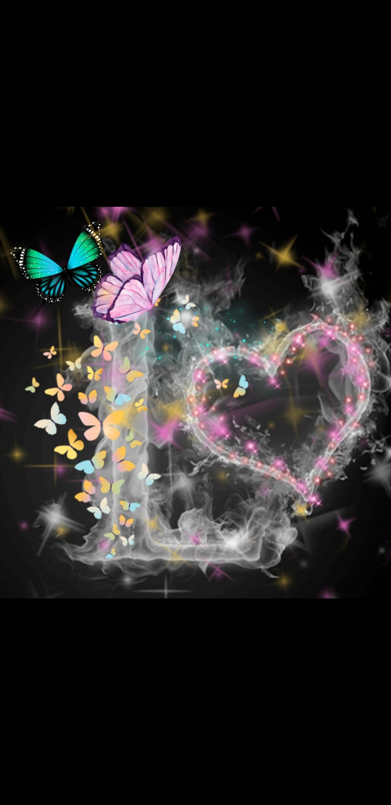 A close up of a butterfly flying over a heart shaped object (smoke, alphabets, letter, black)