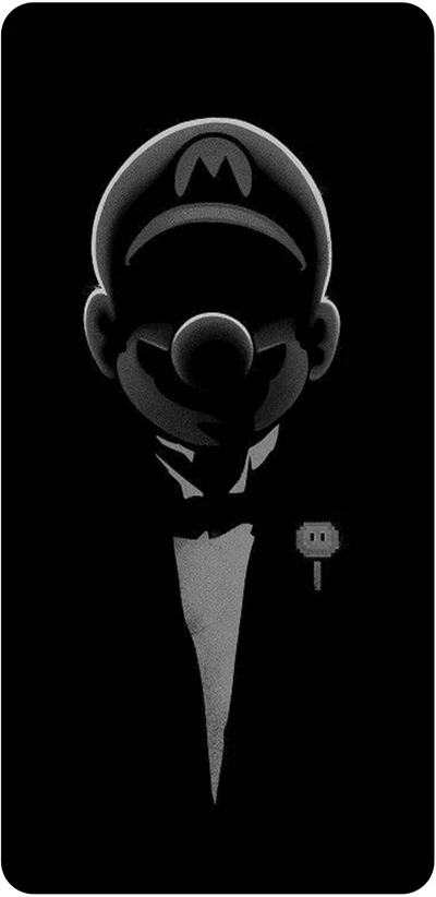 Silhouette de Mario en smoking sur fond noir.