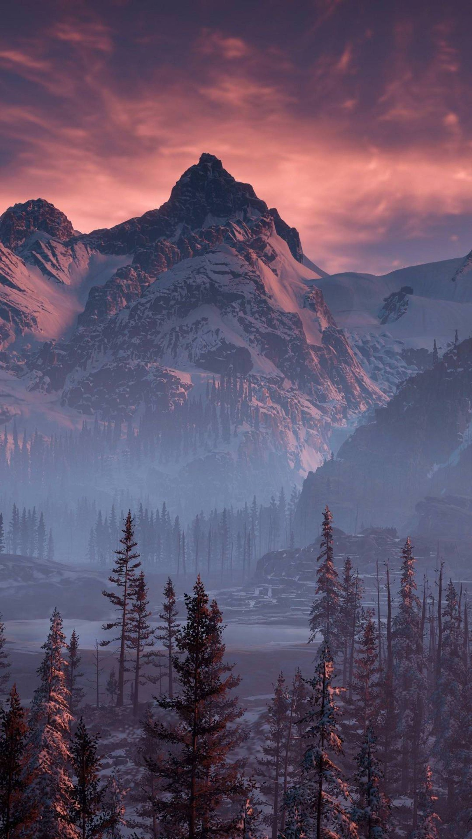 Mountains covered in snow and trees with a pink sky (mountain, forest, lake, fog, kar)