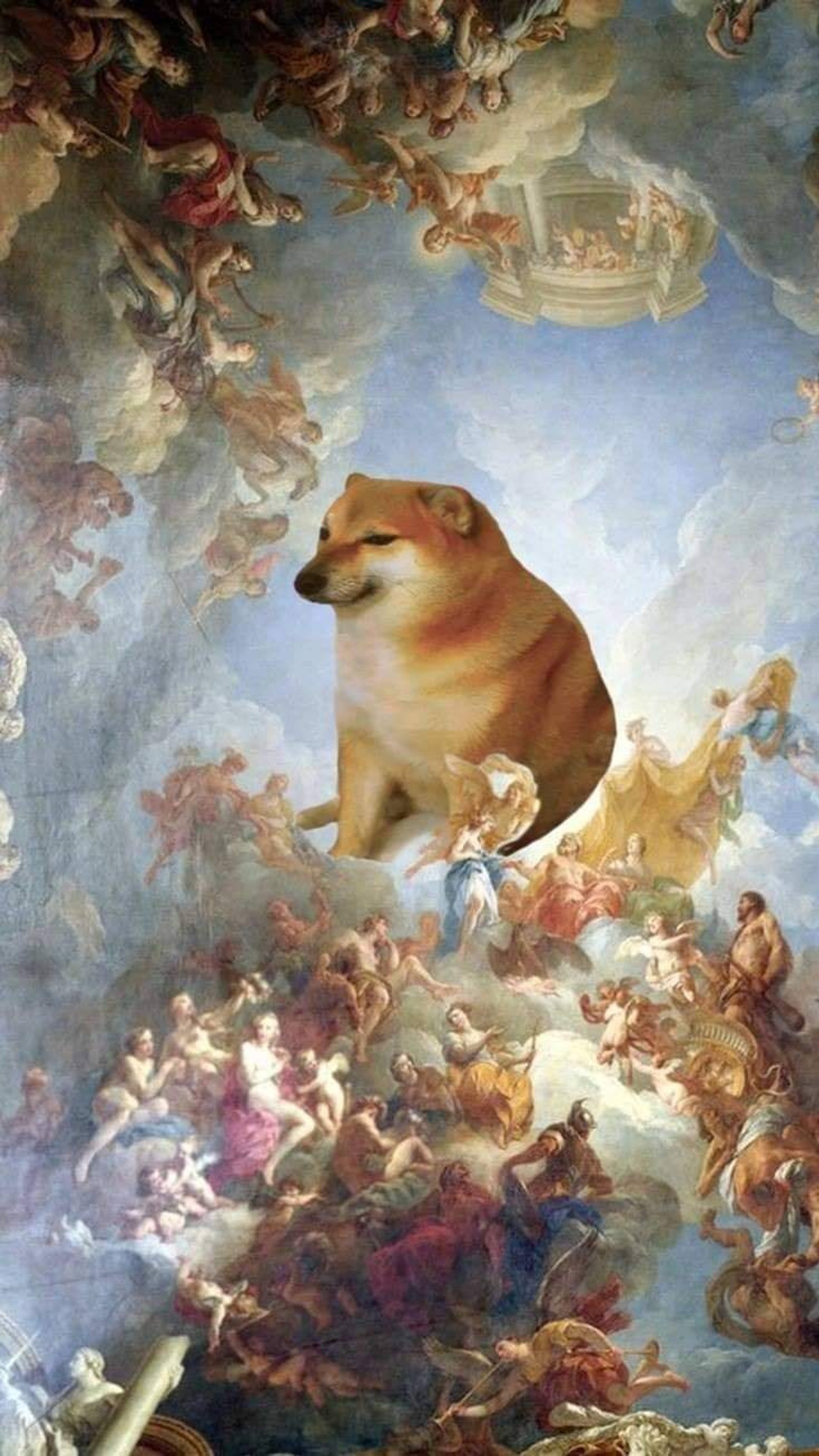 Arafed dog sitting on a cloud in a painting of angels (cheems, dogs)