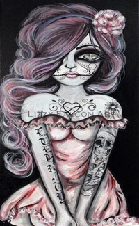 Elegant Sugar Skull Girl in Pink Dress - Dia de los Muertos Tattoo Art