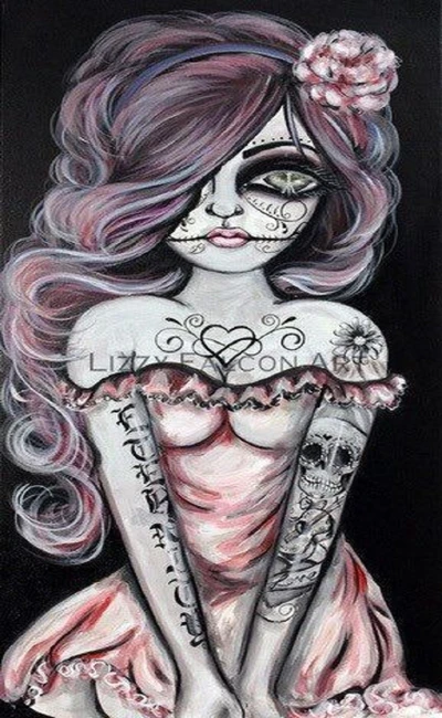 Chica elegante de calavera de azúcar en vestido rosa - arte de tatuaje del Día de los Muertos