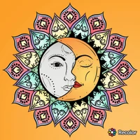 Un diseño armonioso que presenta un sol y una luna estilizados abrazados por un mandala floral decorativo.