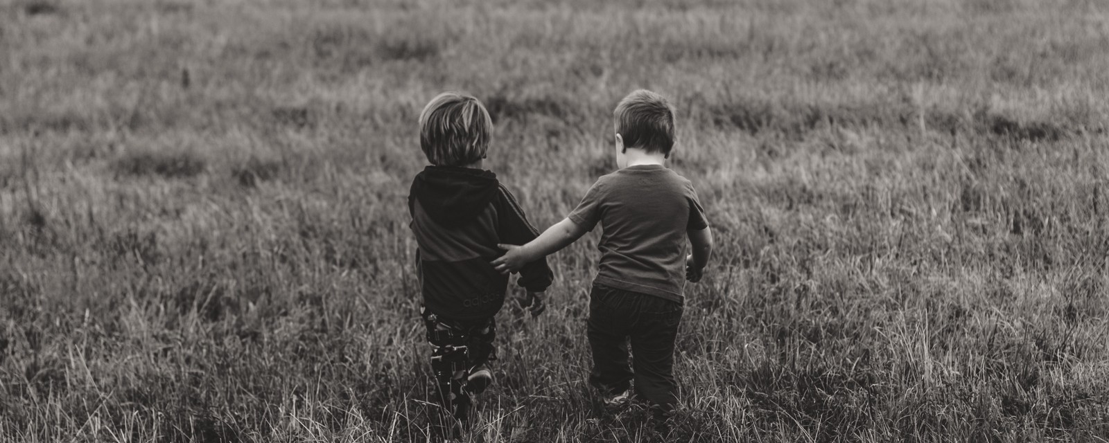 Zwei kinder halten sich auf einem feld mit hohem gras die hände (freundschaft, gras, kind, mann, feld)