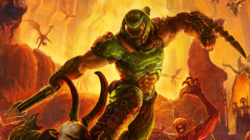 Мужчина в зеленом костюме с оружием перед группой зомби (doom eternal, видеоигра, думгай, doomguy)