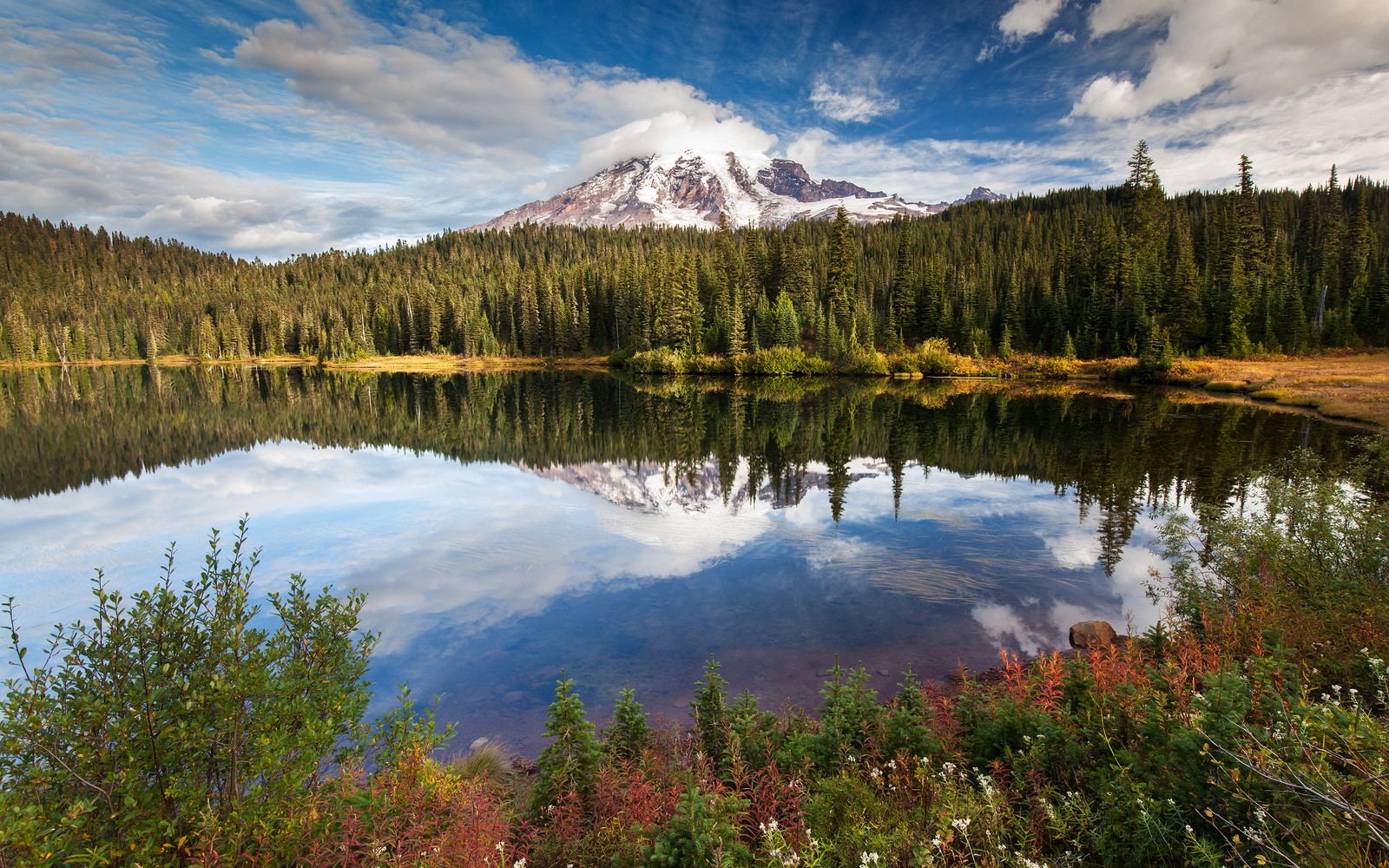 mirror lake, green trees, forest, glacier mountains, snow covered wallpaper