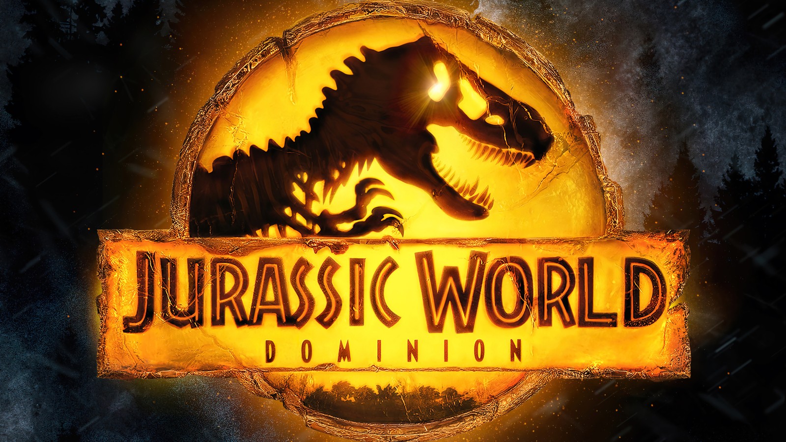 Jurassic world dominion-logo mit einem leuchtenden dinosaurier. (jurassic world dominion, film 2022, logo)