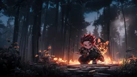 Tanjiro Kamado in a mystical forest setting, wielding a sword amid flickering flames and a loyal companion by his side.