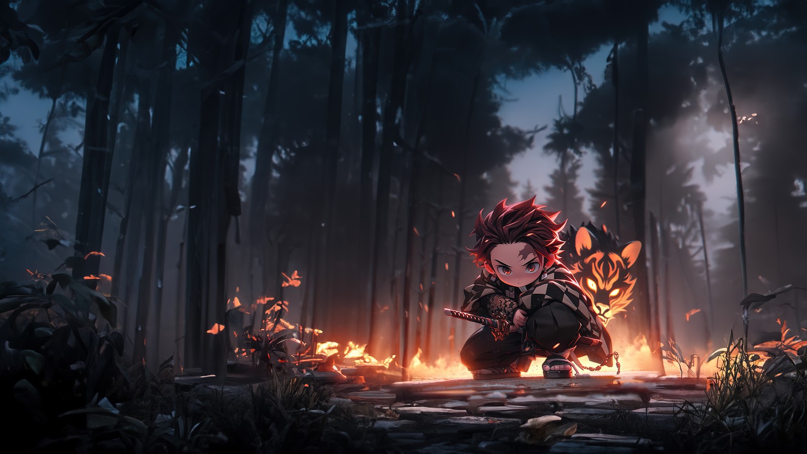 Una captura de pantalla de una chica en un bosque con fuego (tanjiro kamado, anime lindo, arte de ia, ai art, anime)