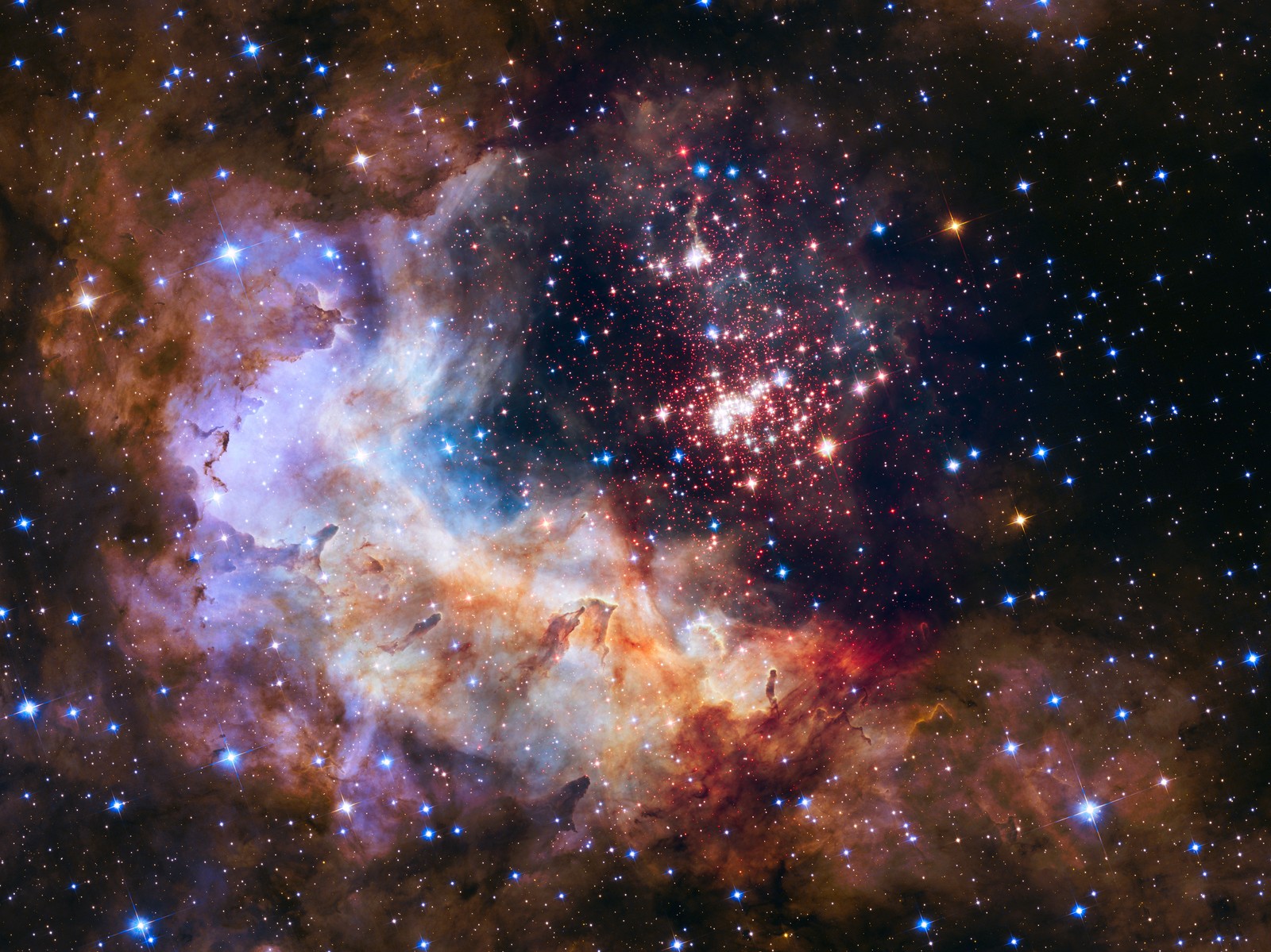 Um grande aglomerado estelar na constelação com muitas estrelas (pilares da criação, telescópio espacial hubble, telescópio, astronomia, nasa)