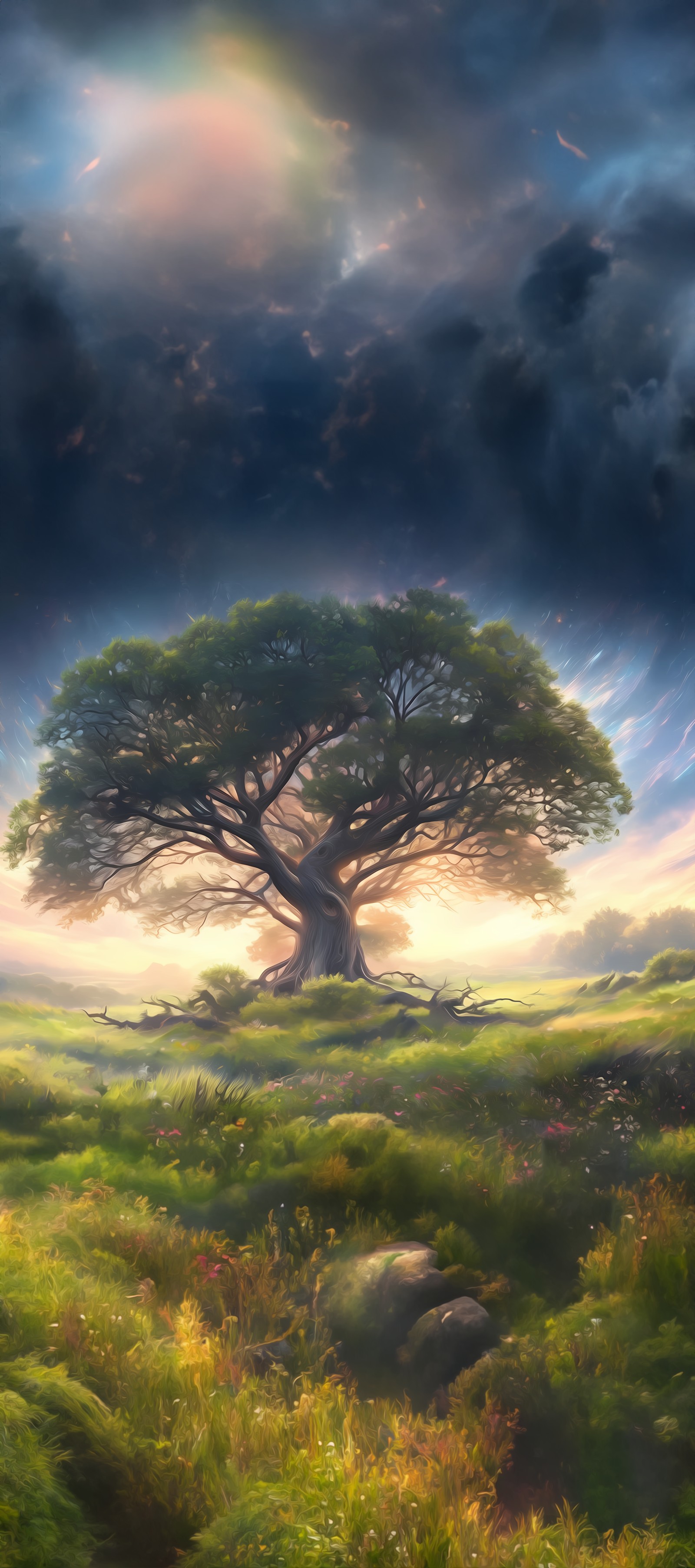 Painting of a tree in a field with a cloudy sky (earth, mount scenery, cloud, plant, atmosphere)