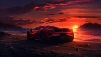 Rotes Sportauto bei Sonnenuntergang am Strand