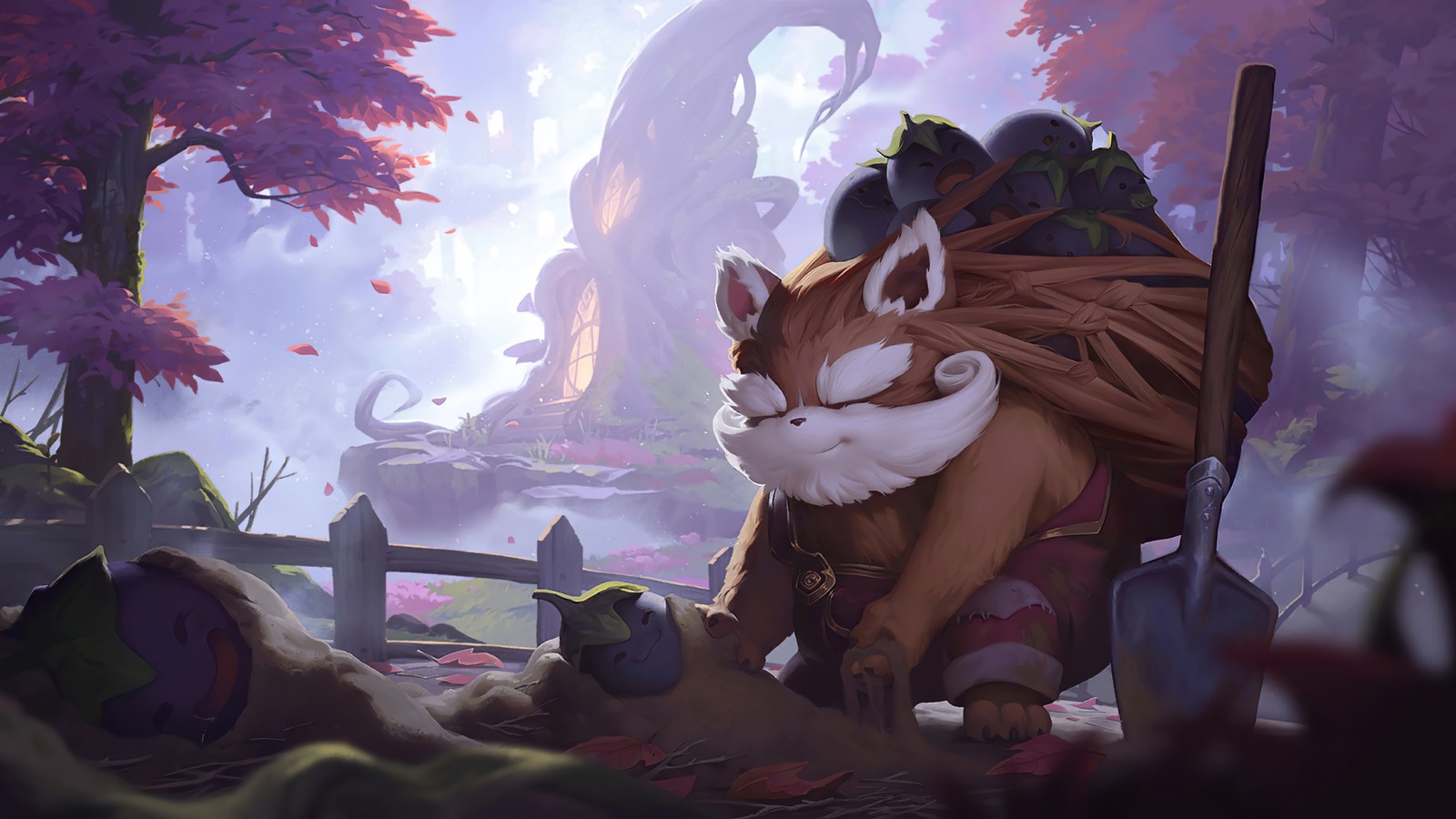 Une image de dessin animé d'un chat et d'un homme dans une forêt (fuzzy caretaker, ionie, ionia, legends of runeterra, lor)