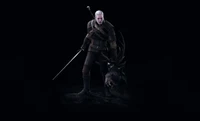 Geralt of Rivia, the iconic monster hunter from "The Witcher 3: Wild Hunt," stands in darkness, wielding a sword beside the head of a defeated beast, capturing the essence of action and fantasy.