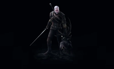 Geralt de Rivia, o icônico caçador de monstros de "The Witcher 3: Wild Hunt", está na escuridão, empunhando uma espada ao lado da cabeça de uma besta derrotada, capturando a essência da ação e da fantasia.