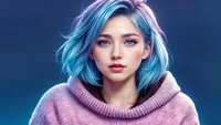 Fantasy Portrait of an Asian Girl with Blue Hair and Striking Blue Eyes