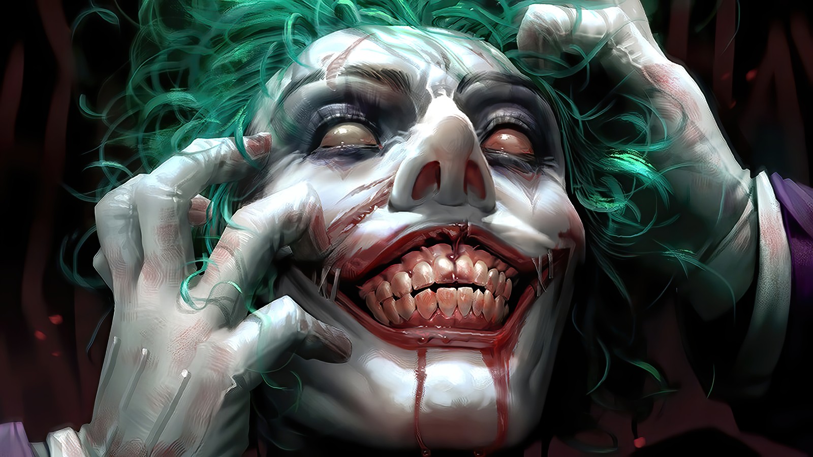 Joker with green hair and green hair holding his hands to his face (joker, smile, dc comics, comics, supervillain)