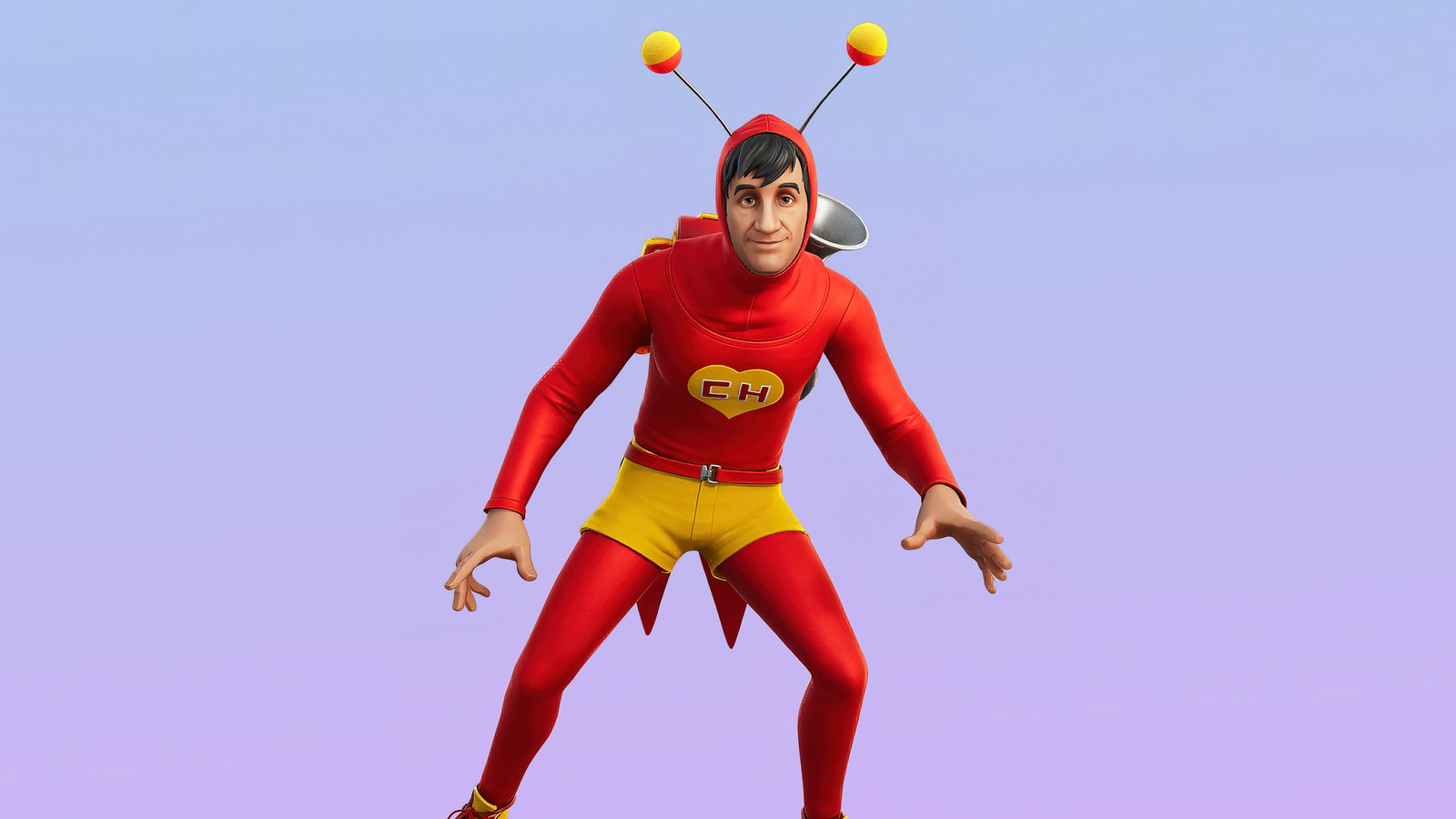 A close up of a person in a red and yellow costume (el chapulin colorado, fortnite, battle royale, video game, rare)