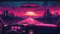 road, sunset, car, city, buildings wallpaper