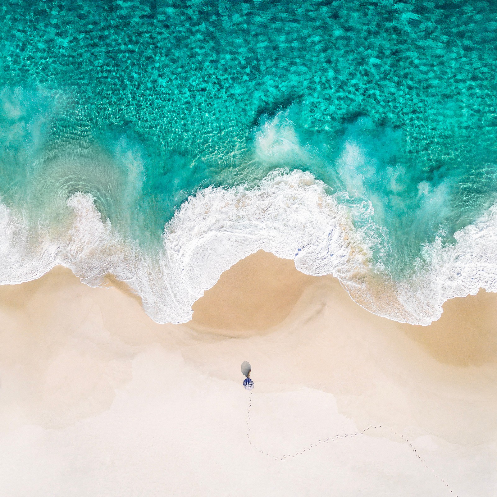 Vista aérea de una persona caminando por la playa con una tabla de surf (playa, ios 10, vista aérea, océano, acción)