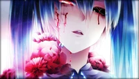 Hatsune Miku with purple and pink hair, adorned with vibrant flowers, gazes hauntingly as tears of blood flow from her eyes against a factory backdrop.