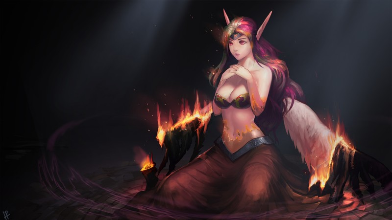 Женщина в красном платье с рогами и огнем (моргана, morgana, lol, league of legends, видеоигра)