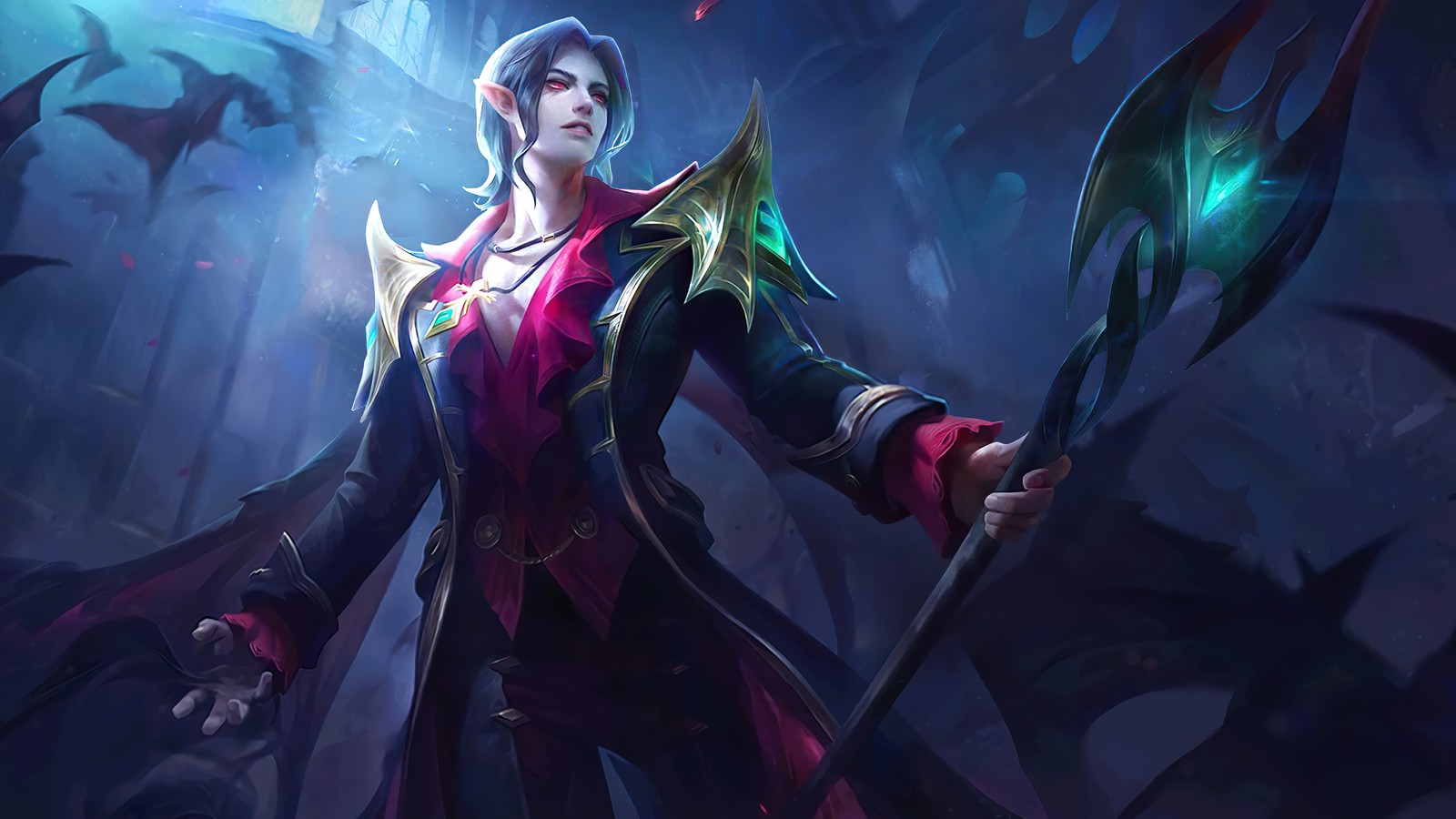 Une femme dans une tenue rouge et noire tenant une lance (cécile, cecilion, mobile legends, bang bang, jeu vidéo)