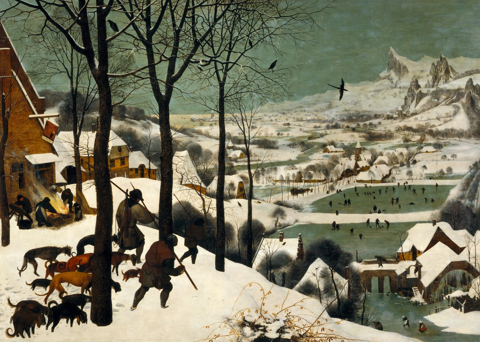 Ein gemälde einer winterlandschaft mit einem dorf und einem vogel (winter, künstler, gemälde, renaissance, illustration)